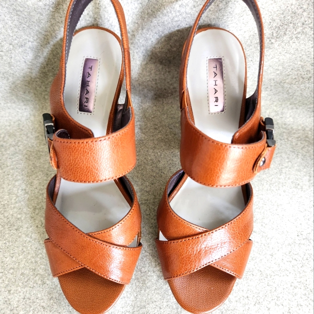 Tahari brown leather open toe sandals with ankle strap 6M